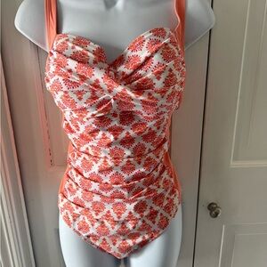Cabana Life Coral & White Ruched One-Piece Swimsuit